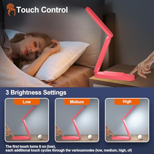 Giryuhd LED Desk Lamp for Office Home & Battery Operated Lamp Rechargeable Lamp Foldable & Portable Light, LED Desk Light Strip, 3 Brightness Dimmable Small Desk Lamp Wireless Reading Lamp - color: Red