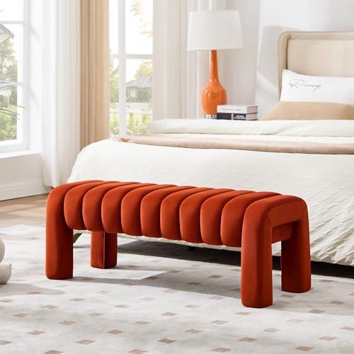 43.3" Bedroom Bench, Upholstered Entryway Bench, Modern End of Bed Ottoman with Solid Wood Legs and Adjustable Foot Pegs for Entryway, Dining Room and Living Room (Rust Velvet) - color: Rust Velvet, size: 43.3"