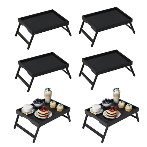 Youpehom Bamboo Bed Tray Tables with Folding Legs, Handles, 6-Pack, Black | Set of 6 bamboo bed trays with folding legs and carry handles for meals, laptops, reading and everyday serving. - color: Black
