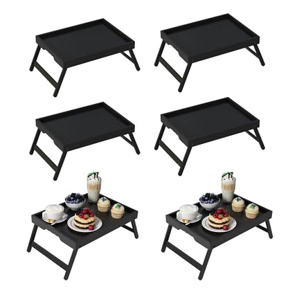 Youpehom Bamboo Bed Tray Tables with Folding Legs, Handles, 6-Pack, Black | Set of 6 bamboo bed trays with folding legs and carry handles for meals, laptops, reading and everyday serving. - color: Black