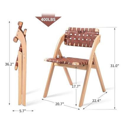 Folding Dining Chairs Set of 2 | Wooden Foldable Chair with Leather-Woven Backrest and Widened Seat Extra for Guests Kitchen Office Wedding Picnic Brown - color: Brown With Leather Strap, size: 2PCS