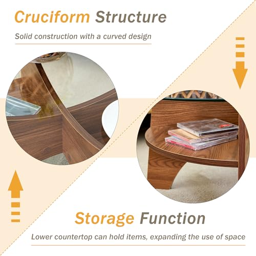 31.5" Round Glass Coffee Table with Tempered Glass Top and MDF Base, Diagonal Fan-Shaped Tray Design Table Leg Simple & Modern Center Table for Living Room Office Apartment Walnut - color: D-5, size: Round