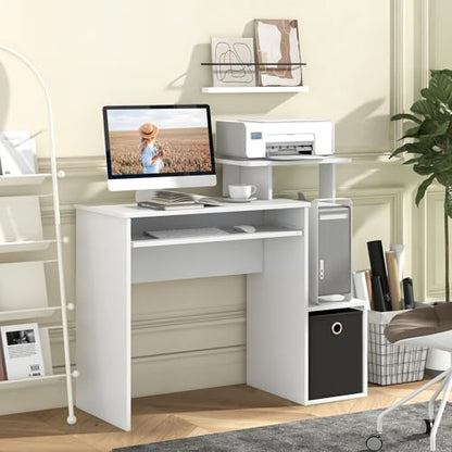 Tangkula Computer Desk with Fabric Drawer & Keyboard Tray, Space-Saving Study Writing Desk with Open Storage Shelves & Printer Stand, Modern Home Office Computer Workstation for Small Spaces (White)
