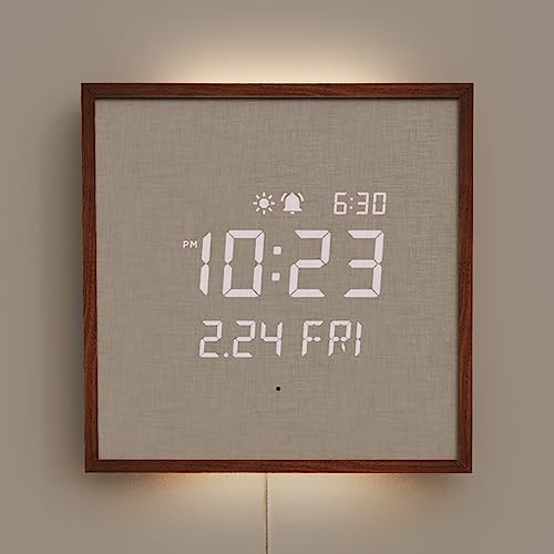 mooas Wooden Frame LED Silent Wall Clock (Wooden Frame Dark Brown) | Remote Control, Backlit Nightlight, Modern Digital LED Wall Clock Sunrise Alarm Melody 5 Brightness for Bedroom Living Room - color: Wooden Frame Dark Brown