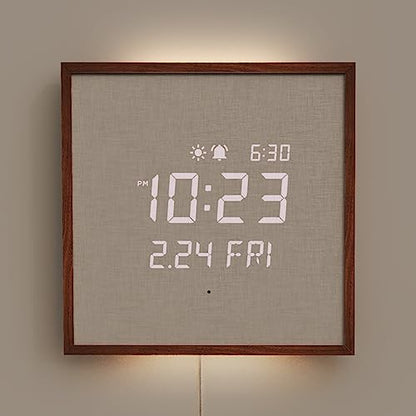 mooas Wooden Frame LED Silent Wall Clock (Wooden Frame Dark Brown) | Remote Control, Backlit Nightlight, Modern Digital LED Wall Clock Sunrise Alarm Melody 5 Brightness for Bedroom Living Room - color: Wooden Frame Dark Brown