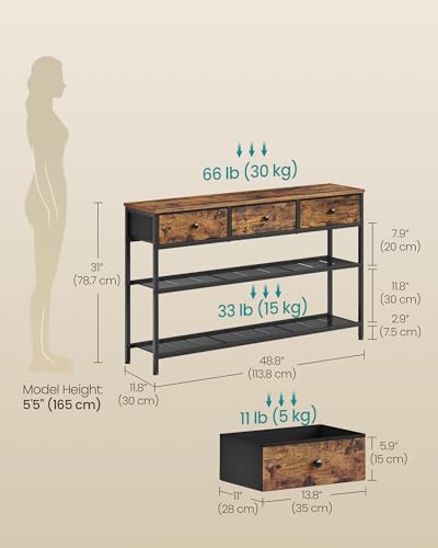 SONGMICS Console Table, Narrow Sofa Table with 2 Mesh Shelves | For Entryway, Living Room, 3 Fabric Drawers, Rustic Brown, BELLAH Collection ULGS014K101 - color: Rustic Brown, size: 11.8"D x 44.8"W x 31"H (3 Drawers)