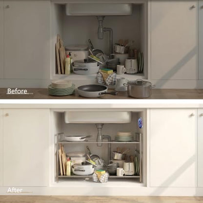 Under-Sink Organizer 2-Tier Expandable Cabinet Storage (10 panels) | LED Motion-Sensing Auxiliary Lighting Dial Thermometer Stainless Steel Telescopic & Adjustable Rust-Resistant - size: 10 panels