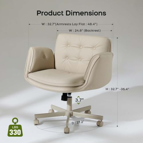 amseatec Criss Cross Office Chair, Swivel Makeup Vanity Chair with Wheels | Wide PU seat supports cross-legged, fidget-friendly sitting; 5-level armrests create pet space; wipe-clean finish eases care - color: Cream