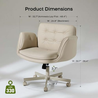 amseatec Criss Cross Office Chair, Swivel Makeup Vanity Chair with Wheels | Wide PU seat supports cross-legged, fidget-friendly sitting; 5-level armrests create pet space; wipe-clean finish eases care - color: Cream