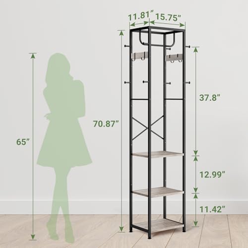 Coat Rack Freestanding, Hall Tree with 3 Shelves and 12 Hooks, Greige | Industrial Metal Frame, Space-Saving Design, Clothes Rack Stand Organizer for Bedroom, Hallway, Entryway, Office, Living Room - color: Greige