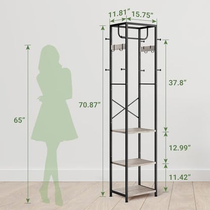 Coat Rack Freestanding, Hall Tree with 3 Shelves and 12 Hooks, Greige | Industrial Metal Frame, Space-Saving Design, Clothes Rack Stand Organizer for Bedroom, Hallway, Entryway, Office, Living Room - color: Greige