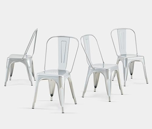 Metal Dining Chairs Set of 4 Moonlight Silver Color | Silver Outdoor Metal Chairs for Farmhouse Kitchen,Bistro,Dining Room,Patio - color: Moonlight Silver
