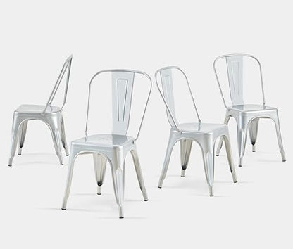 Metal Dining Chairs Set of 4 Moonlight Silver Color | Silver Outdoor Metal Chairs for Farmhouse Kitchen,Bistro,Dining Room,Patio - color: Moonlight Silver