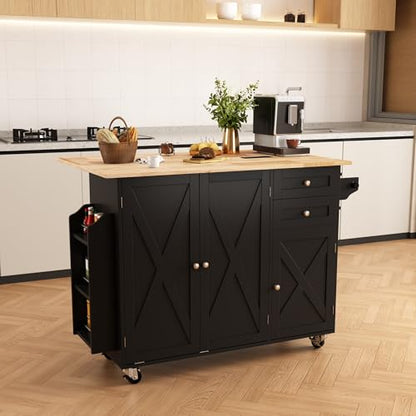 50.4" Kitchen Island with Drop Leaf & Power Outlet, Farmhouse Rolling Island Cart with 3 Spices Shelves on Wheels, Mobil Kitchen Island Table with Rubberwood Countertop Towel Rack, Black - color: Black, size: 3 Spice Shelves
