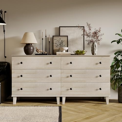 Rustic Drawer Dresser with 6 Drawers Storage Dressers Organizer for Bedroom, Living Roomm,Light Oak - color: Beige