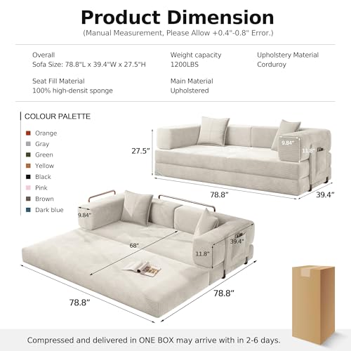 MoonSpeak 78.8'' Futon Sofa Bed, Boneless Couches for Living Room | Corduroy Convertible Futon Sofa Bed with Storage Pocket, Modular Sleeper Couch in a Box, No Assembly (White) - color: White, size: 78.8inch