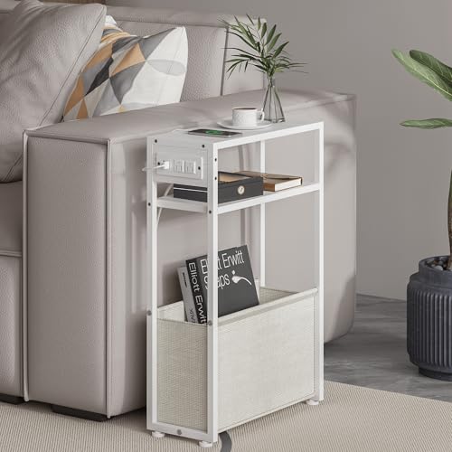 Leomonio White Side Table with Charging Station, Slim End Tables with Linen Basket, Skinny Table for Small Spaces, Thin Bedside Table for Living Room, Bedroom - color: White + Camel Brown - Outlet