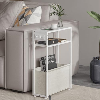 Leomonio White Side Table with Charging Station, Slim End Tables with Linen Basket, Skinny Table for Small Spaces, Thin Bedside Table for Living Room, Bedroom - color: White + Camel Brown - Outlet