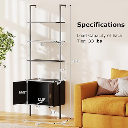 Giantex 72.5" Ladder Bookshelf with Cabinet, 5-Tier Tall Wall-Mounted Shelf w/Storage, Modern Style Kitchen Open Shelving Organizer, Heavy-Duty Metal Frame Display Rack for Living Room,Black - color: Black