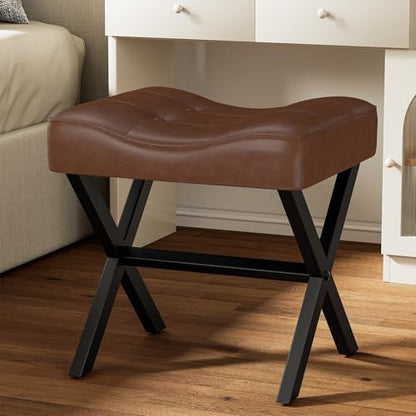 18-Inch Large Leather Vanity Stool Chair, Dark Brown Makeup Stool | Vanity Bench, Metal X-Leg, 350 LBS, 20"x16.9"x18", Ottoman Accent Stool, Thick Padded Saddle Seat, For Living Room Bedroom - size: Large, style: Dark Brown Leather