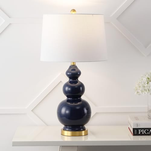 JONATHAN Y Bowen 27.5" Ceramic Triple Gourd Table Lamp, Navy/Brass Gold | Contemporary, White Linen Drum Shade, Modern Transitional Style, Metal Base, LED Bulb Included - color: Navy