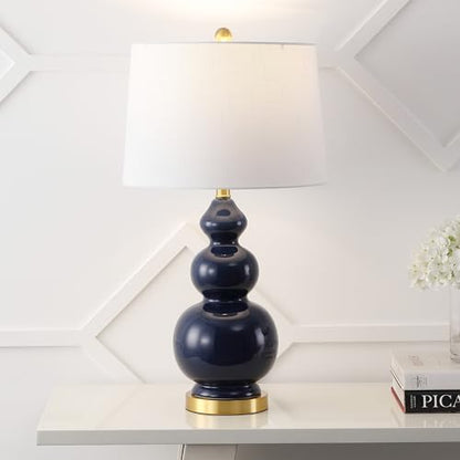 JONATHAN Y Bowen 27.5" Ceramic Triple Gourd Table Lamp, Navy/Brass Gold | Contemporary, White Linen Drum Shade, Modern Transitional Style, Metal Base, LED Bulb Included - color: Navy