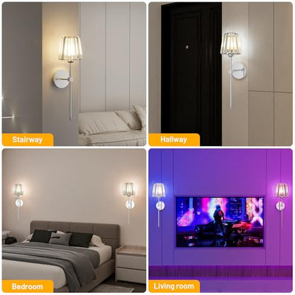 Crystal Battery Operated Wall Sconces Set of 2, Chrome Rechargeable Wireless Wall Lights with Crystal Lampshade, 12 RGB and 3CCT Dimmable Wall Lamps with Remote for Bedroom Living Room Hallway - color: Chrome