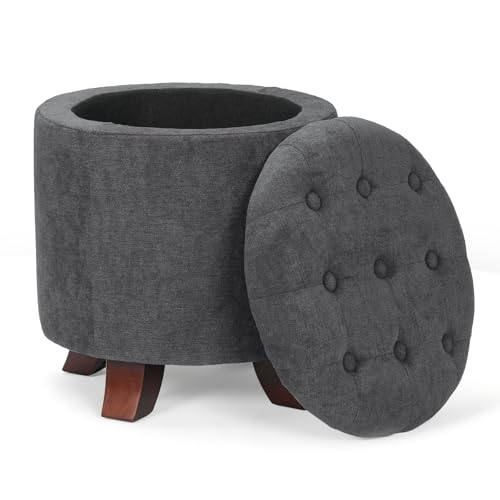 Athena Collection 15 Inch Small Ottoman with Storage, Round Linen Fabric Storage Ottoman Foot Rest with Removable Lid, Multipurpose Footstool Footrest for Living Room, Bedroom, Dorm, Dark Grey - color: Dark Grey, size: 15.5"D x 15.5"W x 17"H