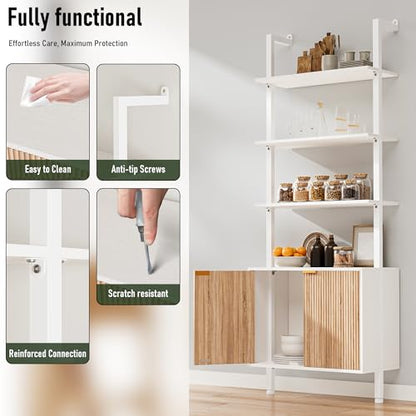74" Tall Bookshelf with Storage Cabinet, Modern Ladder Shelf with Wood and Metal Frame, Wall Mount Bookcase Open Display Shelf Furniture for Living Room, Bedroom, Home Office, White and Oak - color: White & Oak