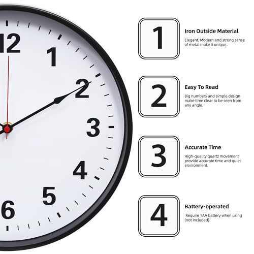 LEIKE Metal Wall Clock 12IN Black, Retro Silent Quartz Battery Operated, Decorative for Patio, Kitchen, Living Room, Bedroom, Pool - size: 12in