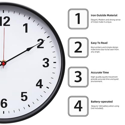 LEIKE Metal Wall Clock 12IN Black, Retro Silent Quartz Battery Operated, Decorative for Patio, Kitchen, Living Room, Bedroom, Pool - size: 12in
