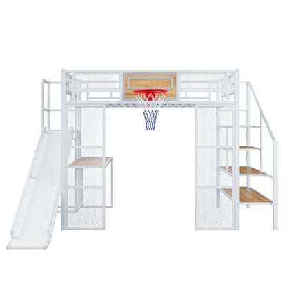 LUMISOL Full Size Loft Bed with Desk and Stairs, Heavy Duty Metal Loft Bed Frame with Storage Shelves and Basketball Hoop, Noise Free, No Box Spring Needed, White - color: White, size: Full with Slide