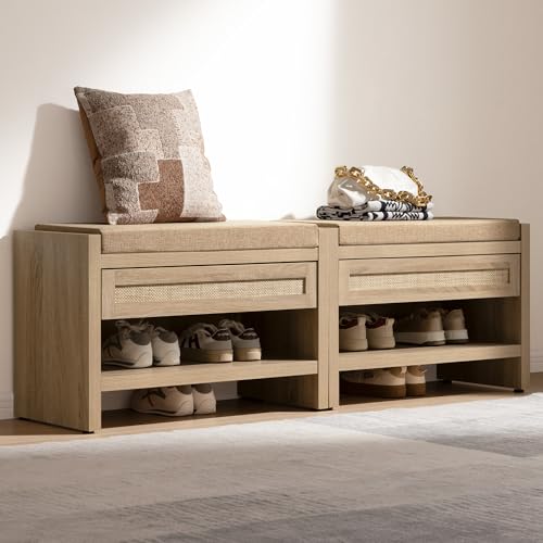 SICOTAS Rattan Shoe Bench Entryway Bench with Storage Drawer, Linen Cushion | Farmhouse Boho Shoe Rack with Shelf, Wooden Storage Bench for Entryway Hallway and Bedroom, Light Oak, 2PCS - color: Reclaimed Light Oak, size: 2 Pieces