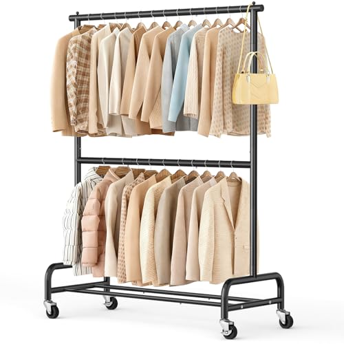 SLEEPING LAMB Heavy Duty Clothes Rack with Wheels, Metal Rolling Garment Rack for Hanging Coats, Shirts (Black) - color: Black, style: Double Rod