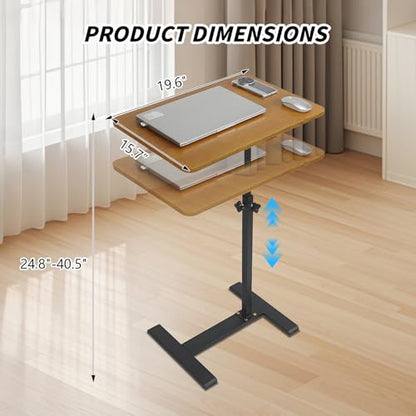 Adjustable Height C Shaped Side Table with Wheels 40 * 60cm | 360° Swivel TV Tray Table, Mobile End Table for Living Room Bedroom Sofa Bed Office - color: Wood Color