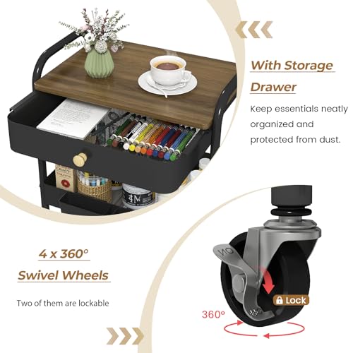 Rolling Cart with Drawers, Black Storage Cartwith Locked Wheels, Hooks & Hanging Cups for Any Room - color: Black