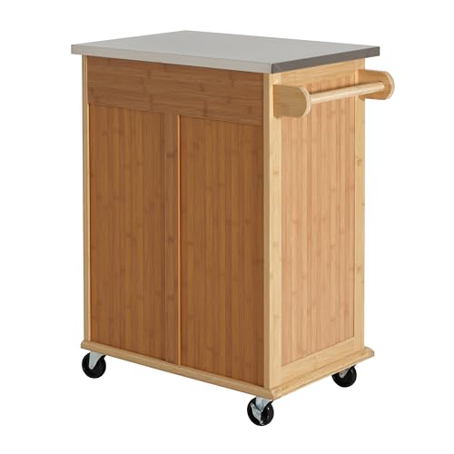 Christopher Knight Home ZAH Bamboo Rolling Cart with Drawers, Kitchen Bar Cart on Wheels with Stainless Steel Top, Mobile Rolling Kitchen Cart Storage Cabinet, Serving Cart, 29.13'' x 18.5'', Natural - size: Small