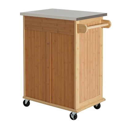 Christopher Knight Home ZAH Bamboo Rolling Cart with Drawers, Kitchen Bar Cart on Wheels with Stainless Steel Top, Mobile Rolling Kitchen Cart Storage Cabinet, Serving Cart, 29.13'' x 18.5'', Natural - size: Small