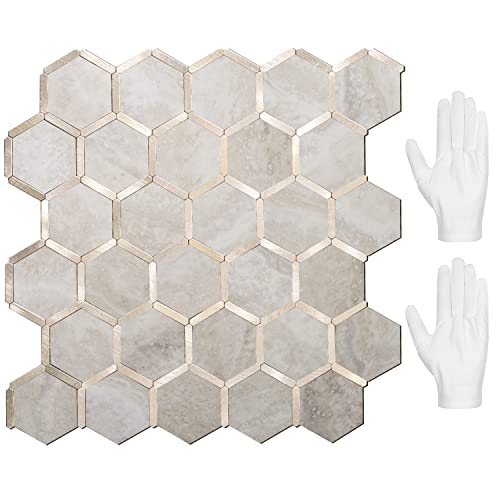 STICKGOO Hexagon Peel and Stick Backsplash Tile, Stick on Backsplash for Kitchen and Bathroom, Beige Marble Look PVC Mixed Metal Gold Self Adhesive Wall Tiles(10 Sheets, Seamless) - color: Beige Marble with Metal Gold