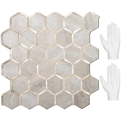 STICKGOO Hexagon Peel and Stick Backsplash Tile, Stick on Backsplash for Kitchen and Bathroom, Beige Marble Look PVC Mixed Metal Gold Self Adhesive Wall Tiles(10 Sheets, Seamless) - color: Beige Marble with Metal Gold