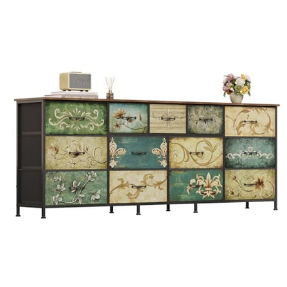 Dresser for Bedroom Chest of Drawers Fabric Dresser for Closet, Nursery Entryway Hall Tree TV Stand for Living Room Retro Floral Pattern Wooden Top (13 Drawers) - size: 13"D x 70.9"W x 26.8"H (13 Drawers)