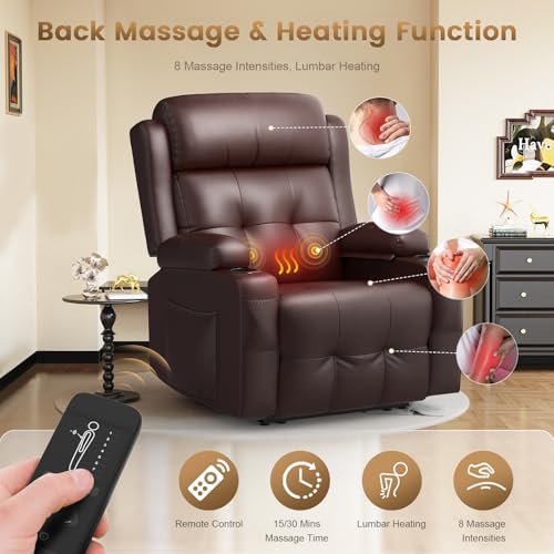 Home Theater Seating, Power Recliner Sofa Single Chair with Massage & Heat | Wall Hugger Reclining Single Chairs with USB, RV Furniture with LED Lights, Cup Holders for Movie Theater, Gaming Room - color: Brown, size: 34" - 1 Seat