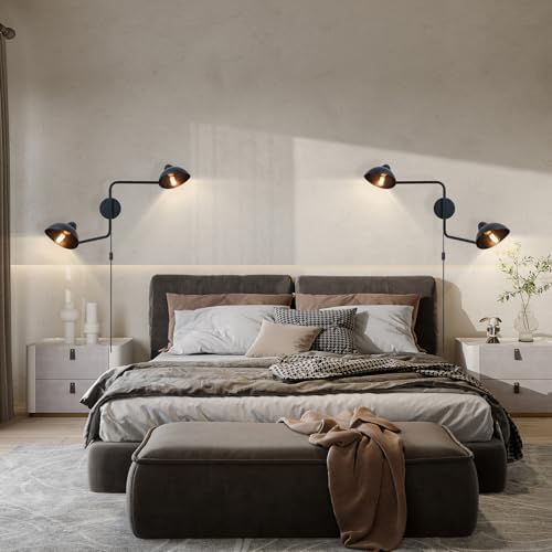 Adjustable Black Swing Arm Wall Sconce, 2-Light Plug in Wall Lamps with ON/Off, Rotatable Metal Dome Shades Wall Mount Lighting Fixture for Living Room Bedroom Study - color: Black-B 2-Lights