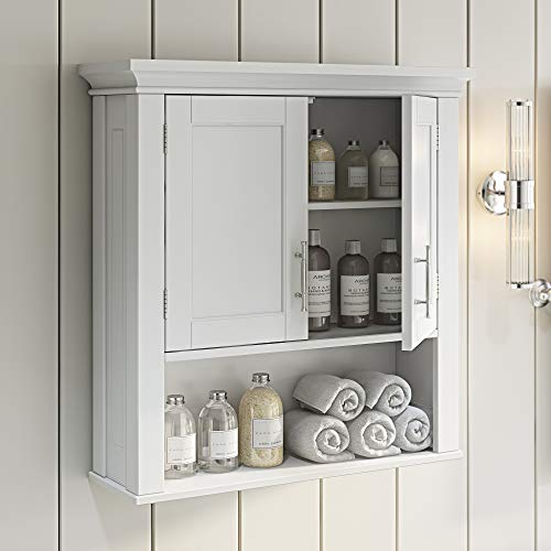 RiverRidge Somerset Two-Door Bathroom Wall Mount Medicine Cabinet, White | Open Display Shelf, Adjustable Interior Shelf, Two-Tone Handles, Space-Saving, Laundry Storage - color: White