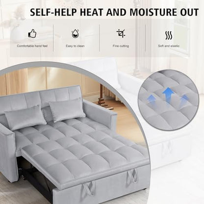 3 In 1 Velvet Convertible Sofa Bed, Pull Out Couch Bed with Reclining Backrest And 2 Pillows, 54" Full Size Loveseat Sleeper Sofa Futon Couch Beds, Couches For Small Spaces, Living Room (Silver Grey) - color: Silver Grey