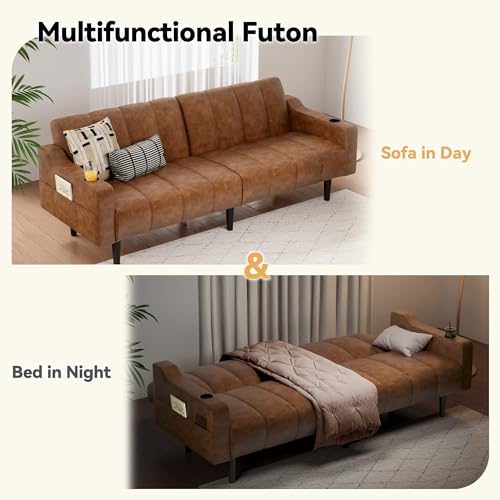 80'' Futon Sofa Bed, Faux Leather Sleeper Couch, Convertible Loveseat with Adjustable Sofa Backrest, Modern Couches for Living Room, Bed Room, Apartment, Office (Light Brown) - color: Faux Leather Light Brown