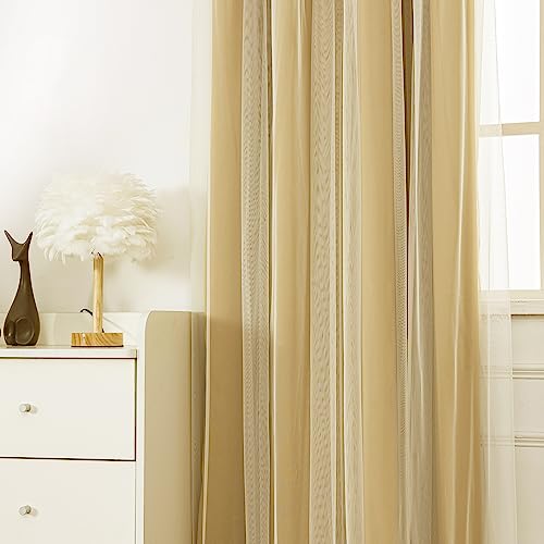 INLINAS Blackout Curtains with Sheer Overlay, Gold, 52x63 Inches | Grommet Top Double Layer Curtains for Bedroom and Living Room Thermal Reduction Light Blocking and Energy Saving, Set of 2 - color: Gold, size: 52"W x 63"L (Pack of 2)