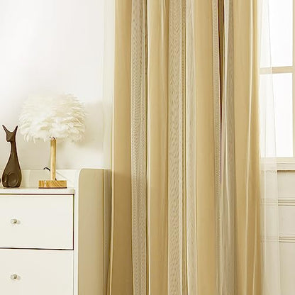 INLINAS Blackout Curtains with Sheer Overlay, Gold, 52x84 Inches | Grommet Top Double Layer Curtains for Bedroom and Living Room Thermal Reduction Light Blocking and Energy Saving, Set of 2 - color: Gold, size: 52"W x 84"L (Pack of 2)