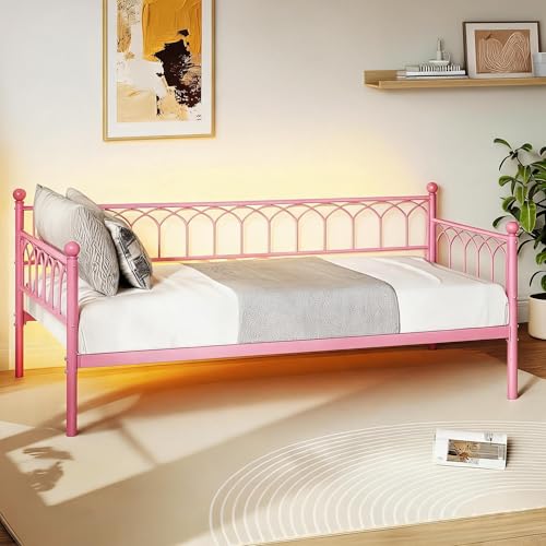 IDEALHOUSE Twin Size Daybed, Sofa Bed Frame with Metal Steel Slat Support, Heavy Duty Metal Bed Frame, Space Saving, Easy Assembly, for Small Spaces, Living Room, Bedroom, Apartment, Pink | Space-Saving Guest Bed - Slides Under Daybeds for Overnight Visit