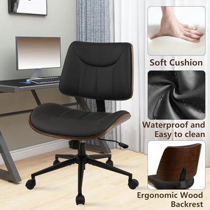 CLATINA Office Chair Armless with Wheels, Mid-Century Modern Walnut Desk Chair, Adjustable Height Reading Chair, PU Leather Mid Back & Swivel Computer Chairs for Home Meeting Room Bedroom, Black(2 PK) - color: Black Linear, size: 2 Pack